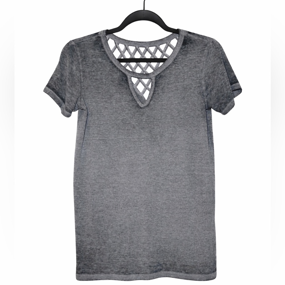 BKE Women's Gray Burnout Lattice-Back Short Sleeve Top